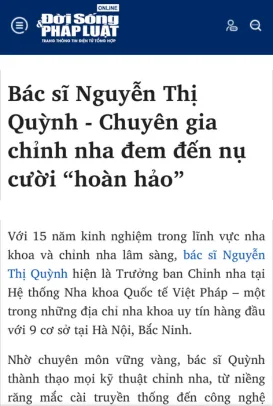 Bài báo Đời sống & Pháp luật về bác sĩ Nguyễn Thị Quỳnh