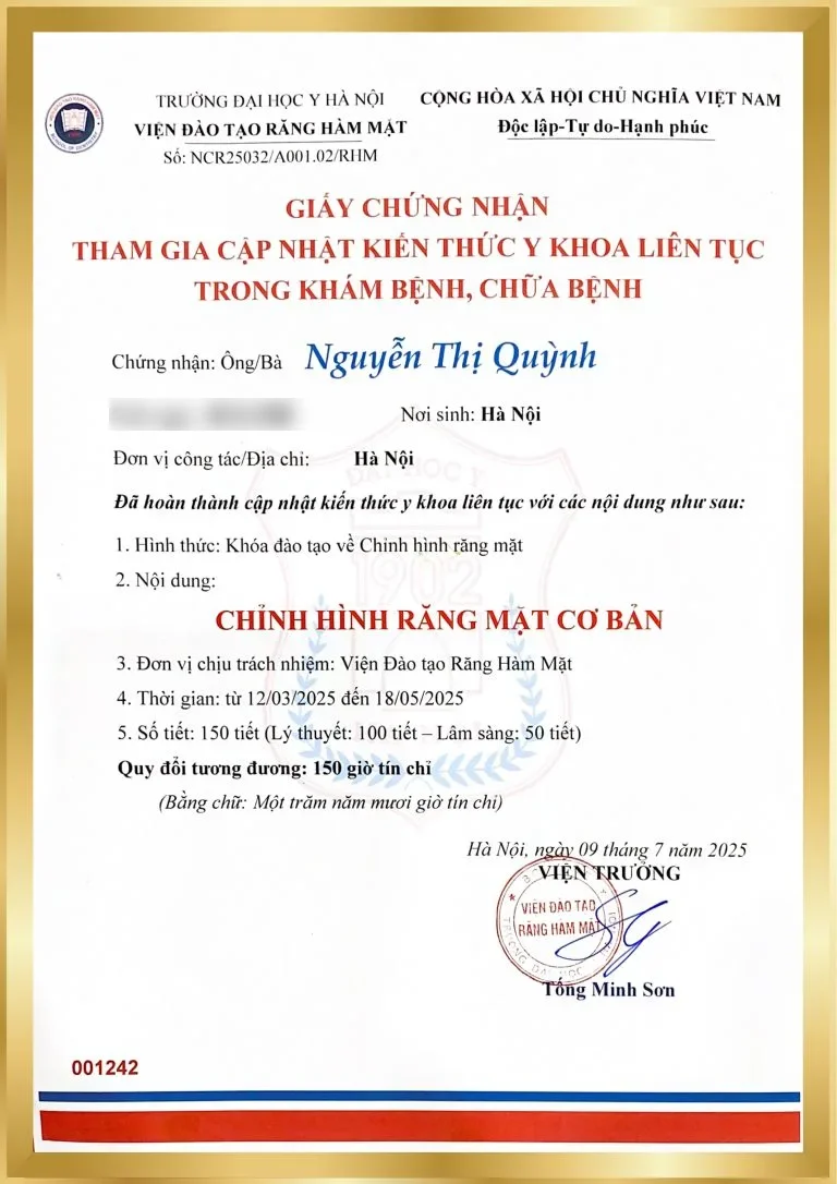 Giấy chứng nhận chỉnh hình răng mặt của Bác sĩ Nguyễn Thị Quỳnh